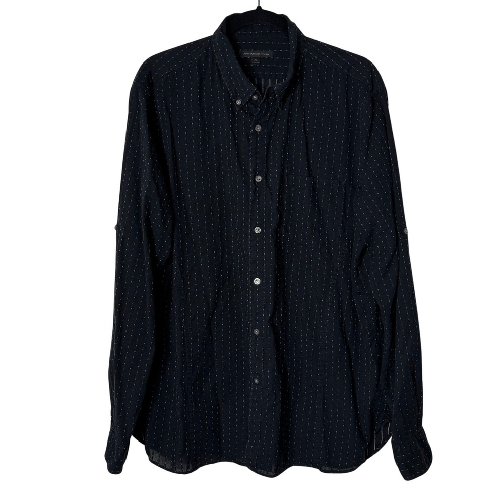 John Varvatos Black Cotton with White Micro Diamond Button Down Shirt Mens XL